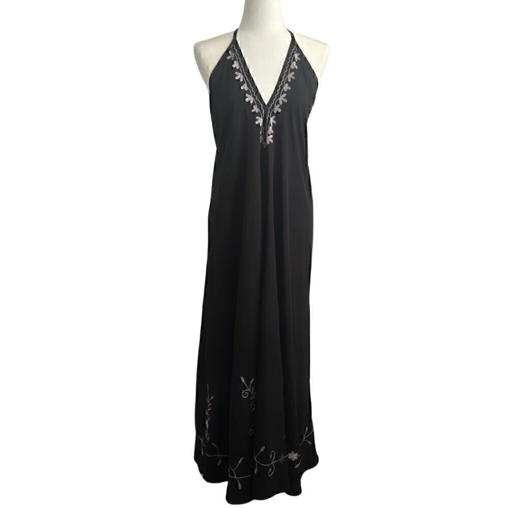 Black Embroidered Halter Maxi Dress – Flowy & Elegant - One Size Fits Most